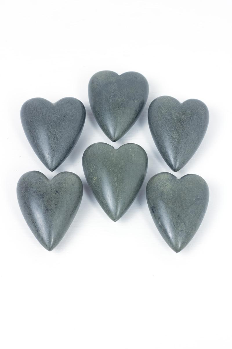 Box of 2 — Set of 6 Dark Grey Hand-Carved Stone Hearts