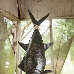 Recycled Hand Hammered Metal 3D Tuna W Sisal Rope