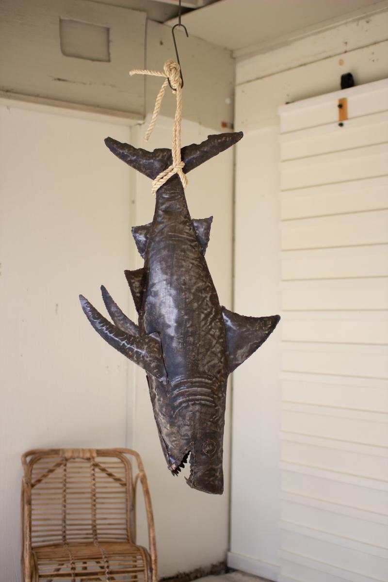 Metal, Recycled Hand Hammered 3D Shark With Sisal Rope