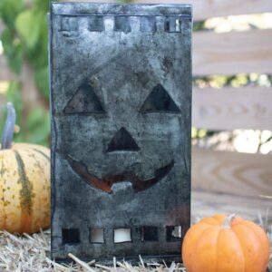 Recycled Metal, Tin Bag Jack-O-Lantern Luminary, Grey