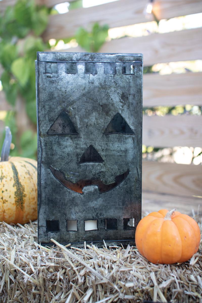 Recycled Metal, Tin Bag Jack-O-Lantern Luminary, Grey