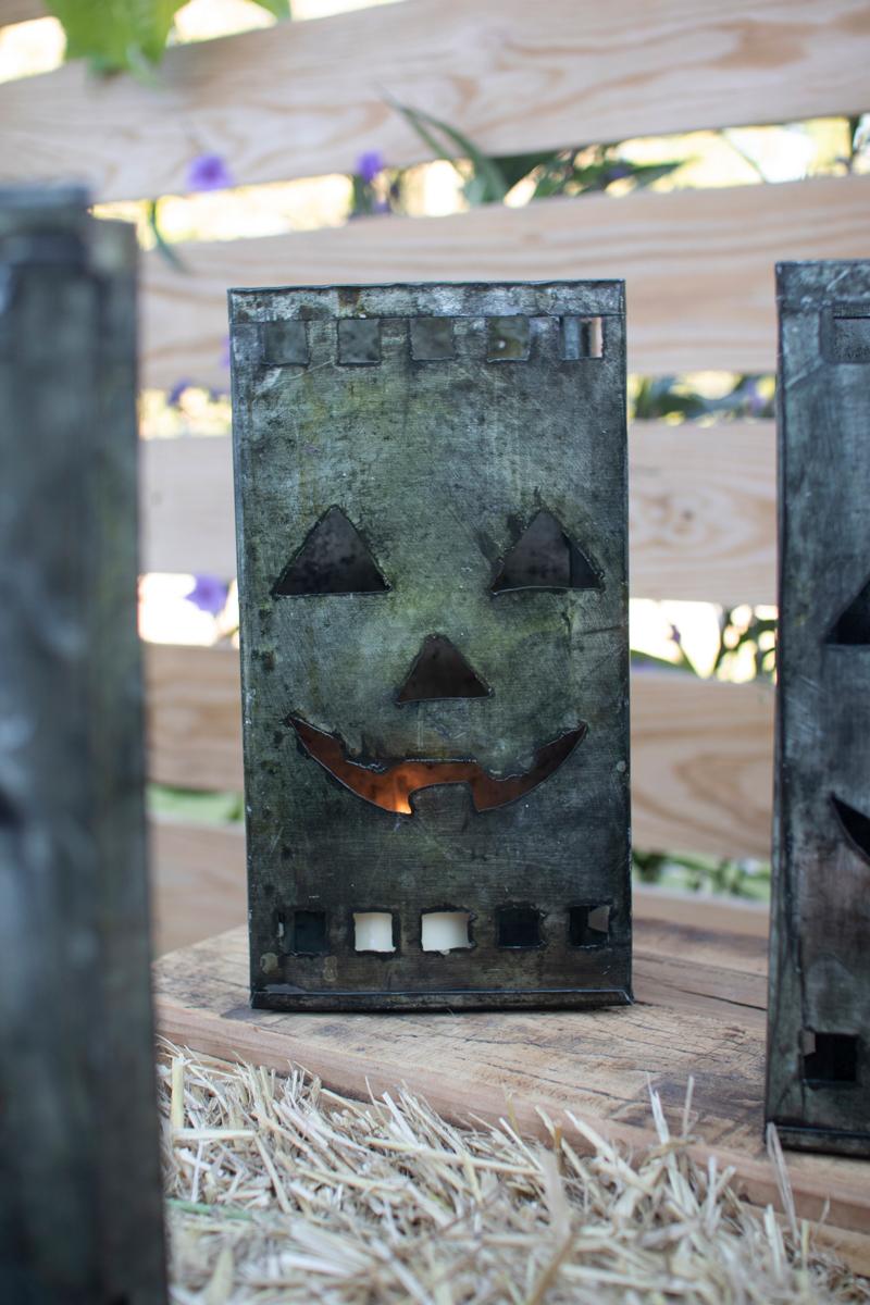 Recycled Metal, Tin Bag Jack-O-Lantern Luminary, Grey
