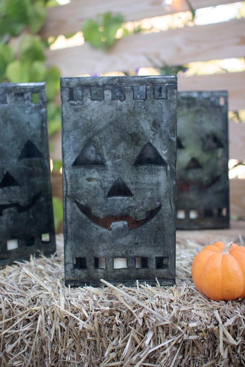 Recycled Metal, Tin Bag Jack-O-Lantern Luminary, Grey