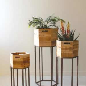 Hexagon Recycled Wood Planters On Metal Bases