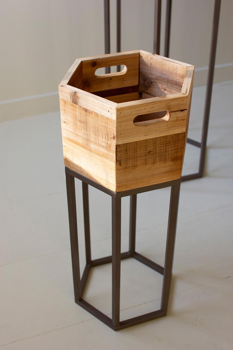 Hexagon Recycled Wood Planters On Metal Bases