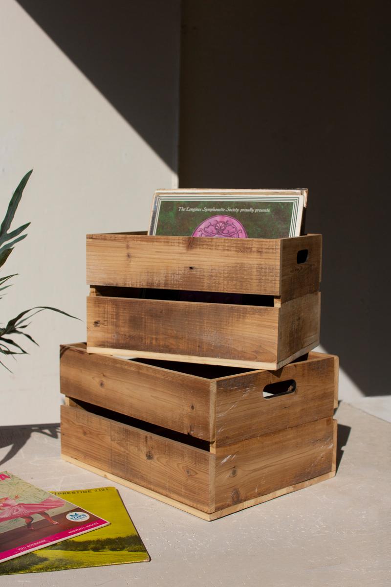 Box of 2 — Set of 2 Natural Finish Slatted Wooden Crates