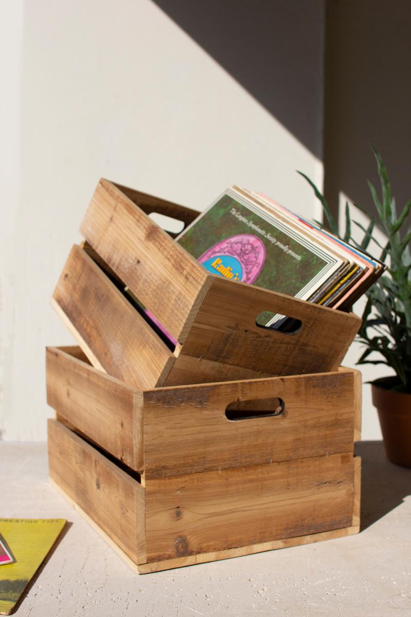 Box of 2 — Set of 2 Natural Finish Slatted Wooden Crates