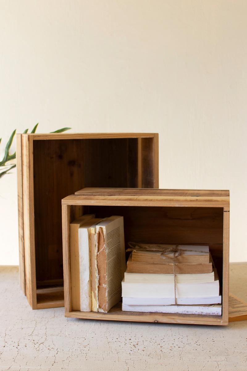 Box of 2 — Set of 2 Natural Finish Slatted Wooden Crates