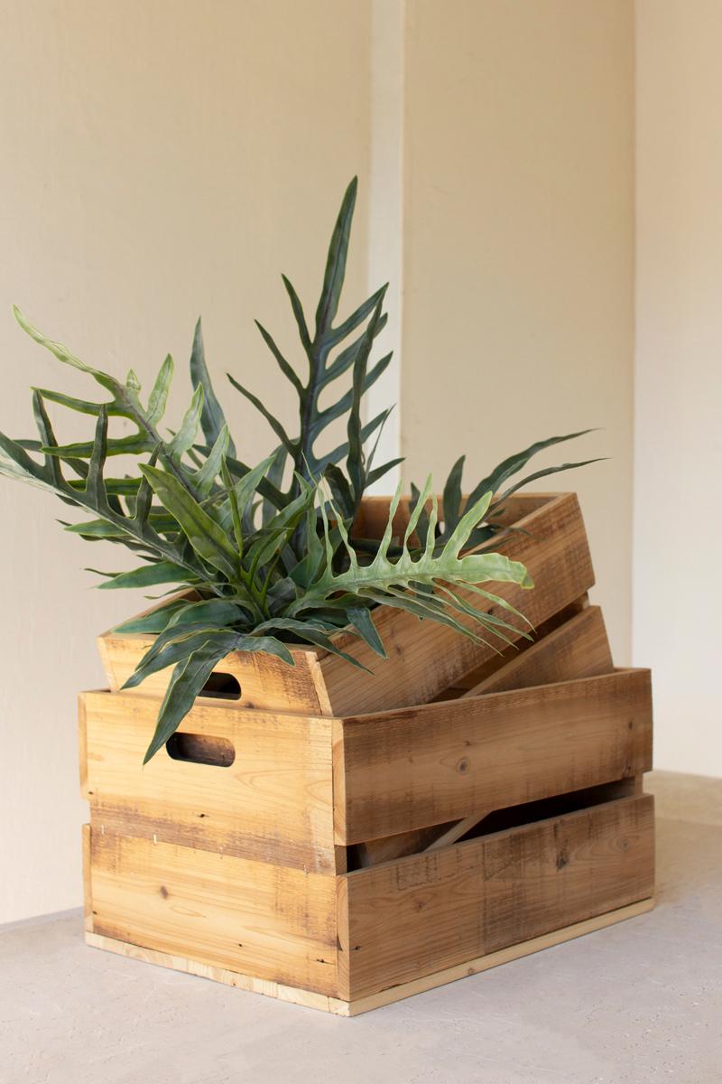 Box of 2 — Set of 2 Natural Finish Slatted Wooden Crates
