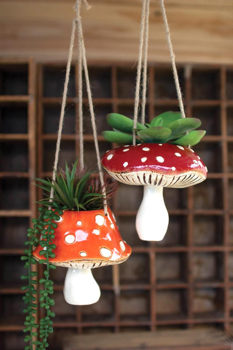 Ceramic Toadstool Hanging Planters, Red