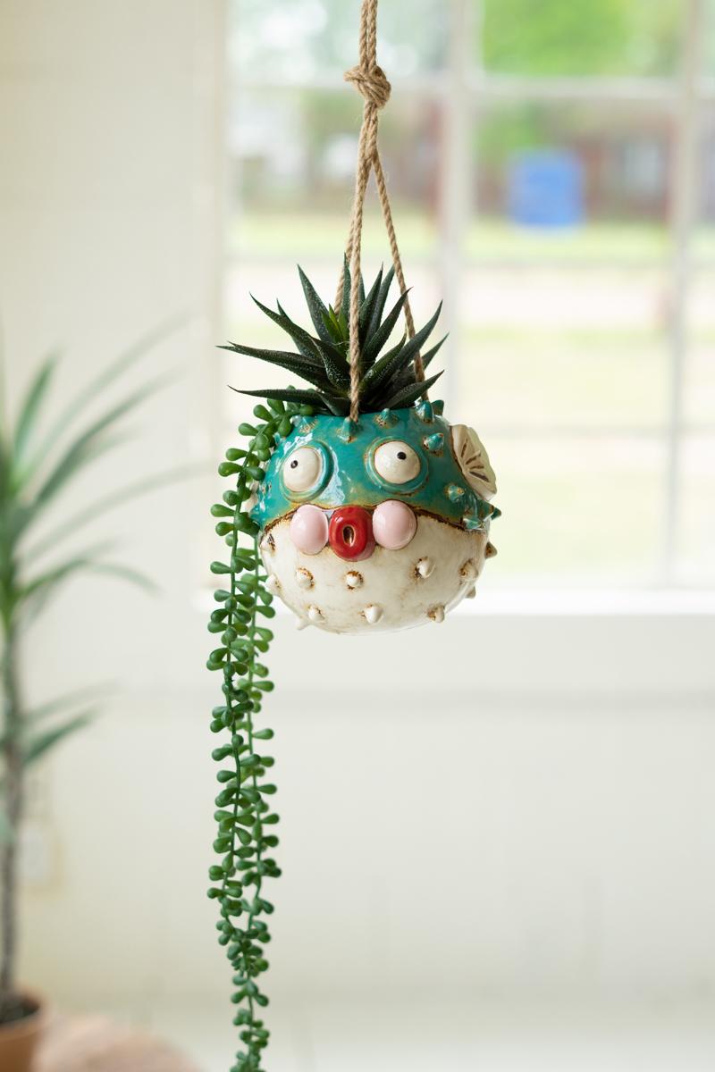 Box of 2 — Ceramic Hanging Blowfish Planter