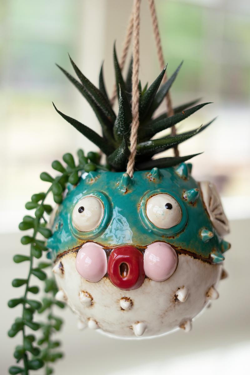 Box of 2 — Ceramic Hanging Blowfish Planter