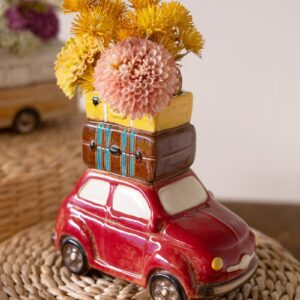 Box of 2 — Red Ceramic Car with Luggage Planter