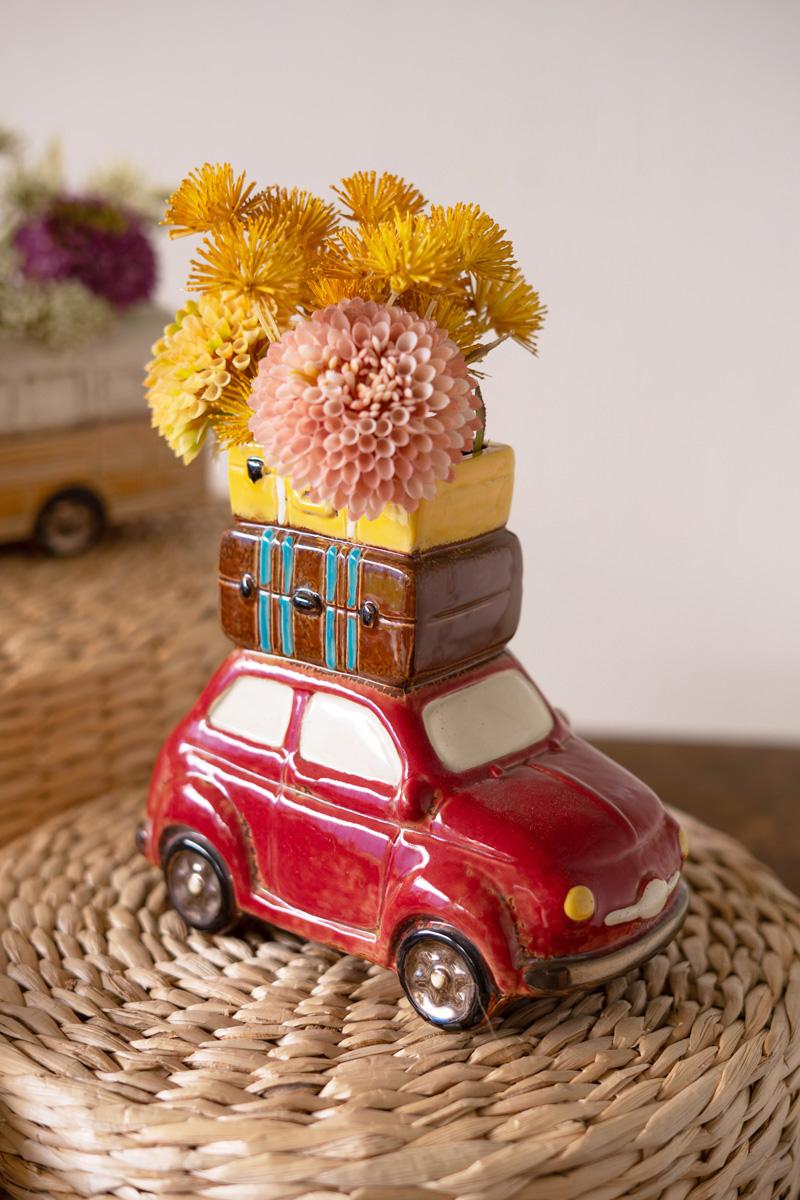 Box of 2 — Red Ceramic Car with Luggage Planter