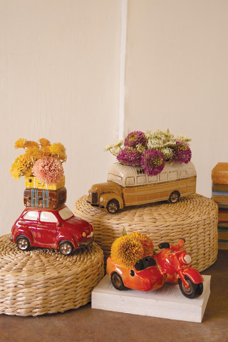 Box of 2 — Red Ceramic Car with Luggage Planter