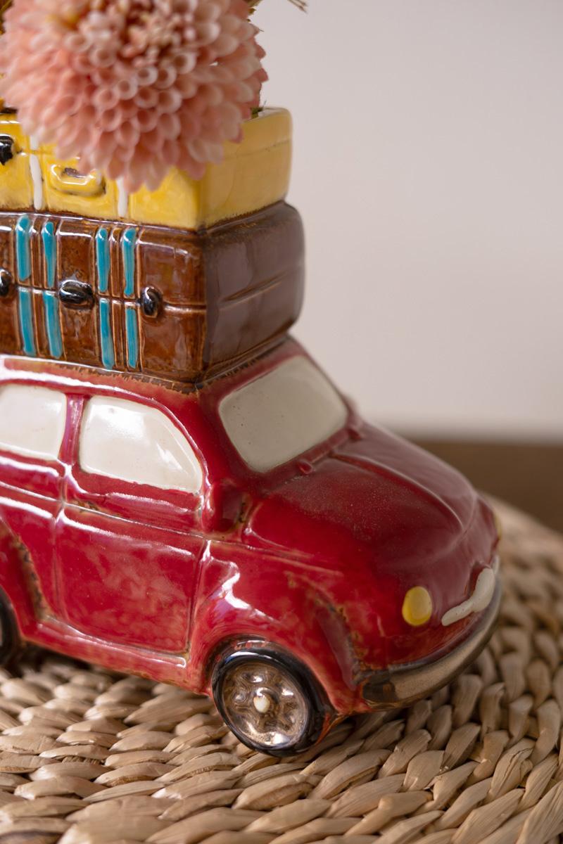 Box of 2 — Red Ceramic Car with Luggage Planter