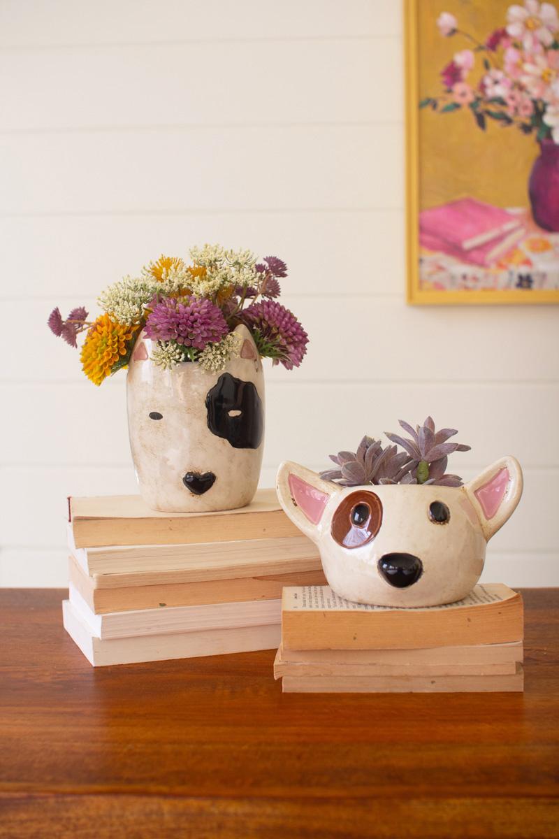 Box of 2 — Set of 2 Ceramic Black and White Dog Head Planters