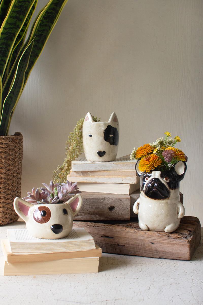 Box of 2 — Set of 2 Ceramic Black and White Dog Head Planters