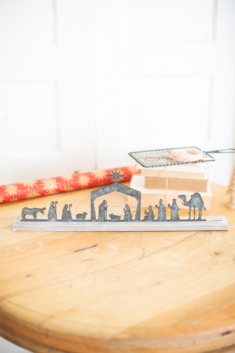 Box of 4 — Metal Nativity on a Wooden Stand