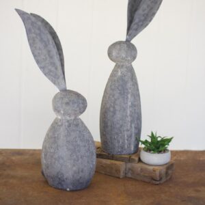 Faux Stone Rabbit With Tall Metal Ears – Tall, Gray