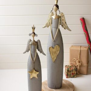 Gold & Grey Christmas Angels Holding Heart & Star