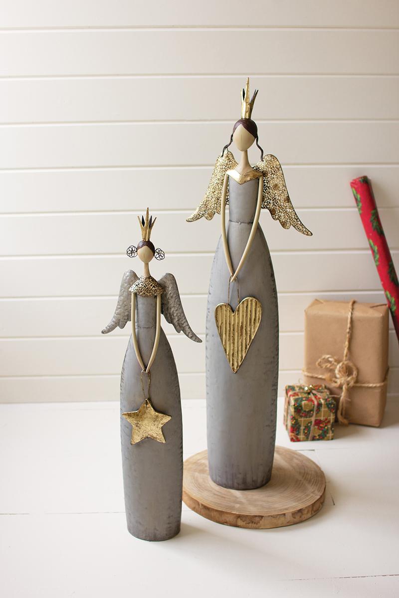 Gold & Grey Christmas Angels Holding Heart & Star