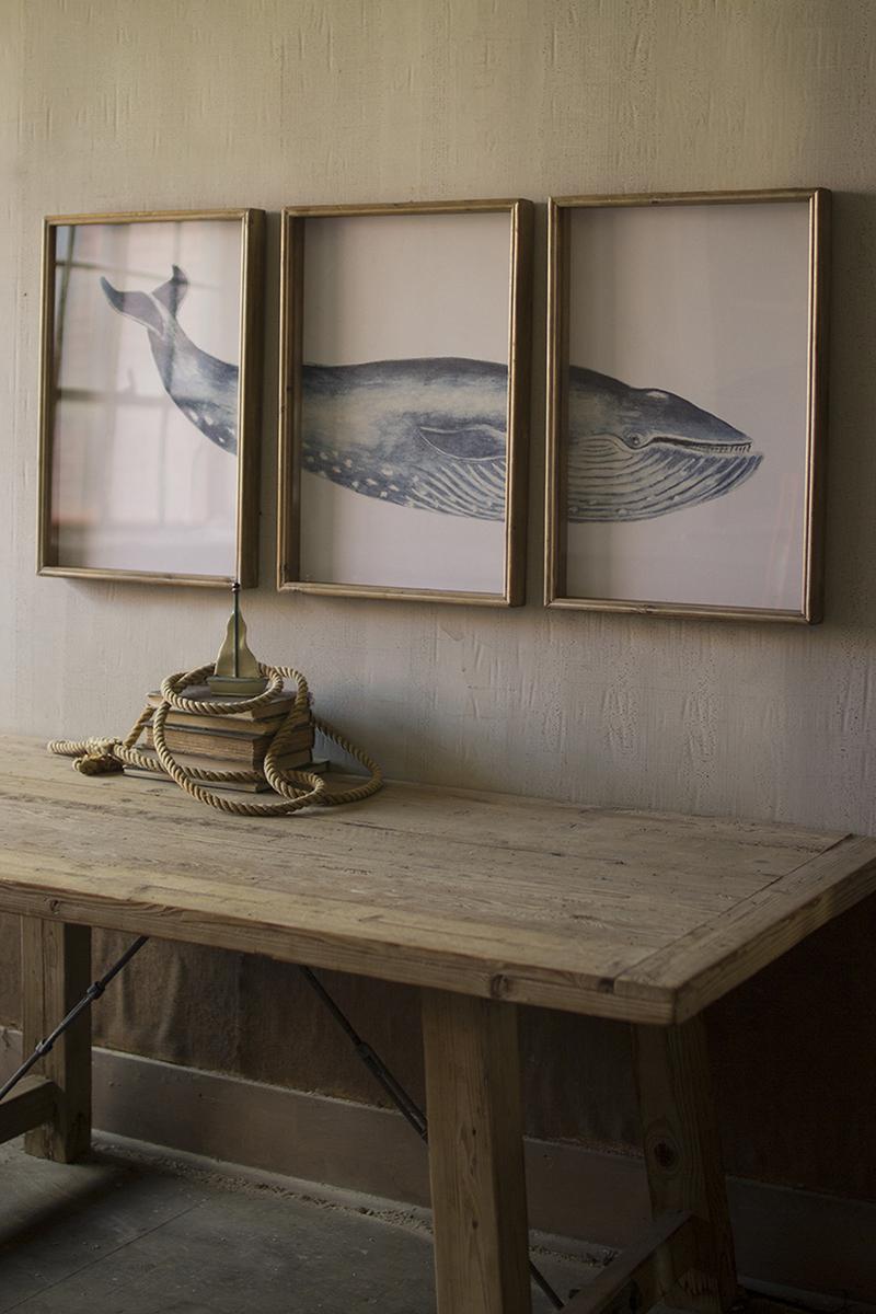 Triptych Framed Whale Print Under Glass, Gray