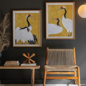 Set 2 Framed Prints Under Glass -Black White And Red Herons, Yellow