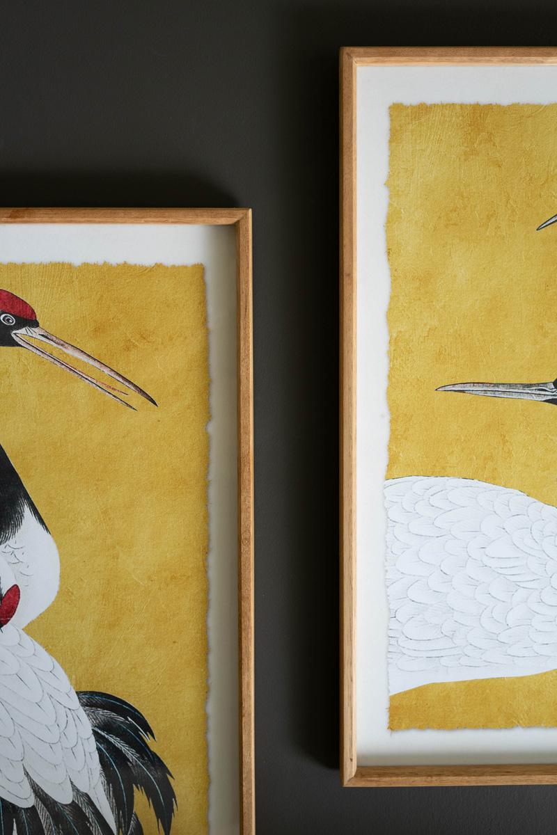 Set 2 Framed Prints Under Glass -Black White And Red Herons, Yellow