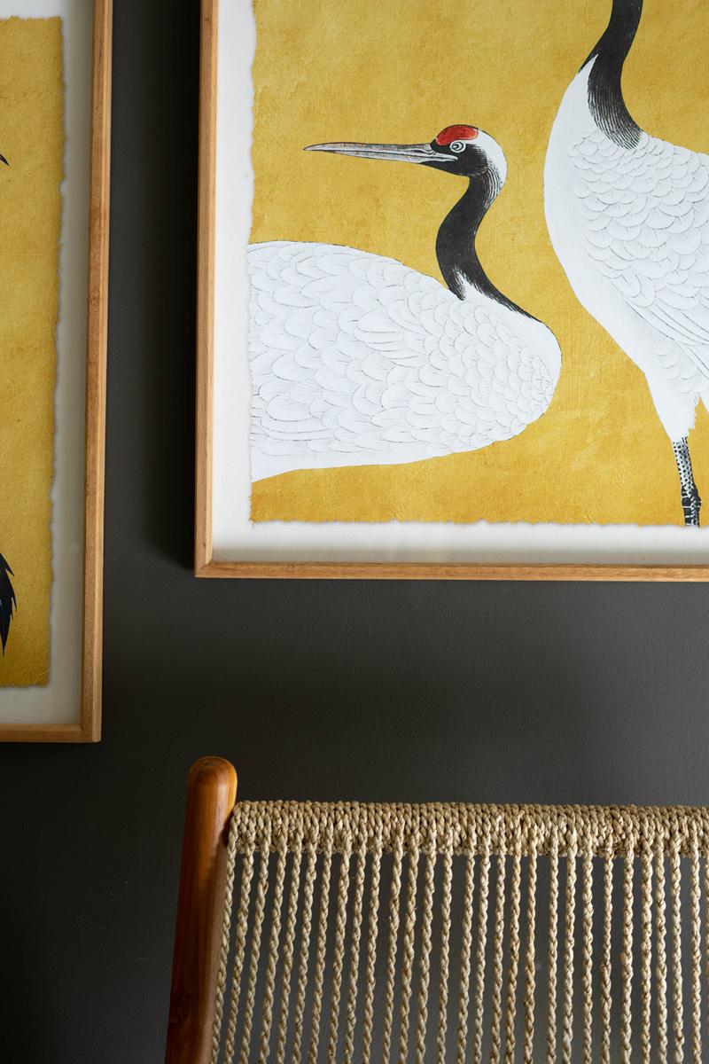 Set 2 Framed Prints Under Glass -Black White And Red Herons, Yellow