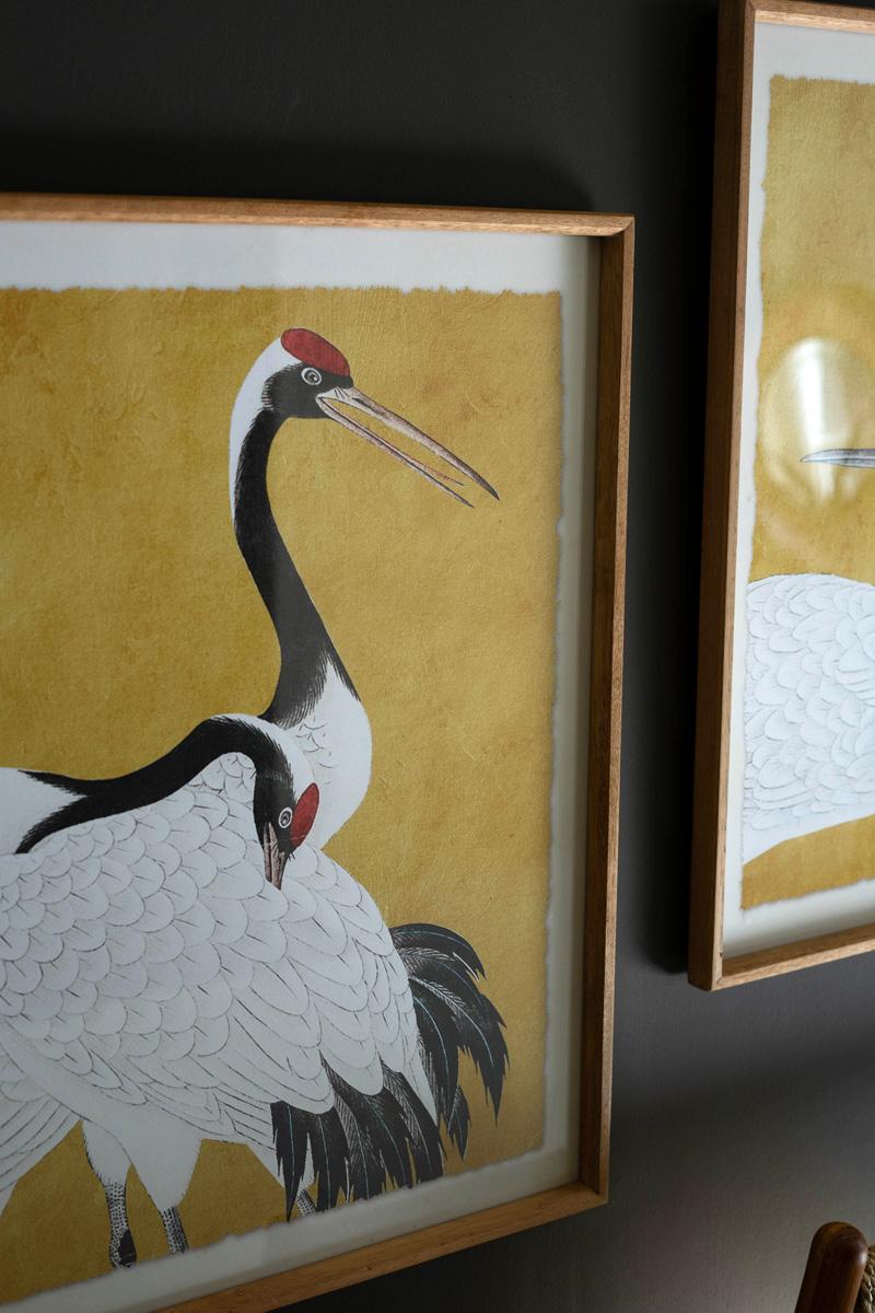 Set 2 Framed Prints Under Glass -Black White And Red Herons, Yellow