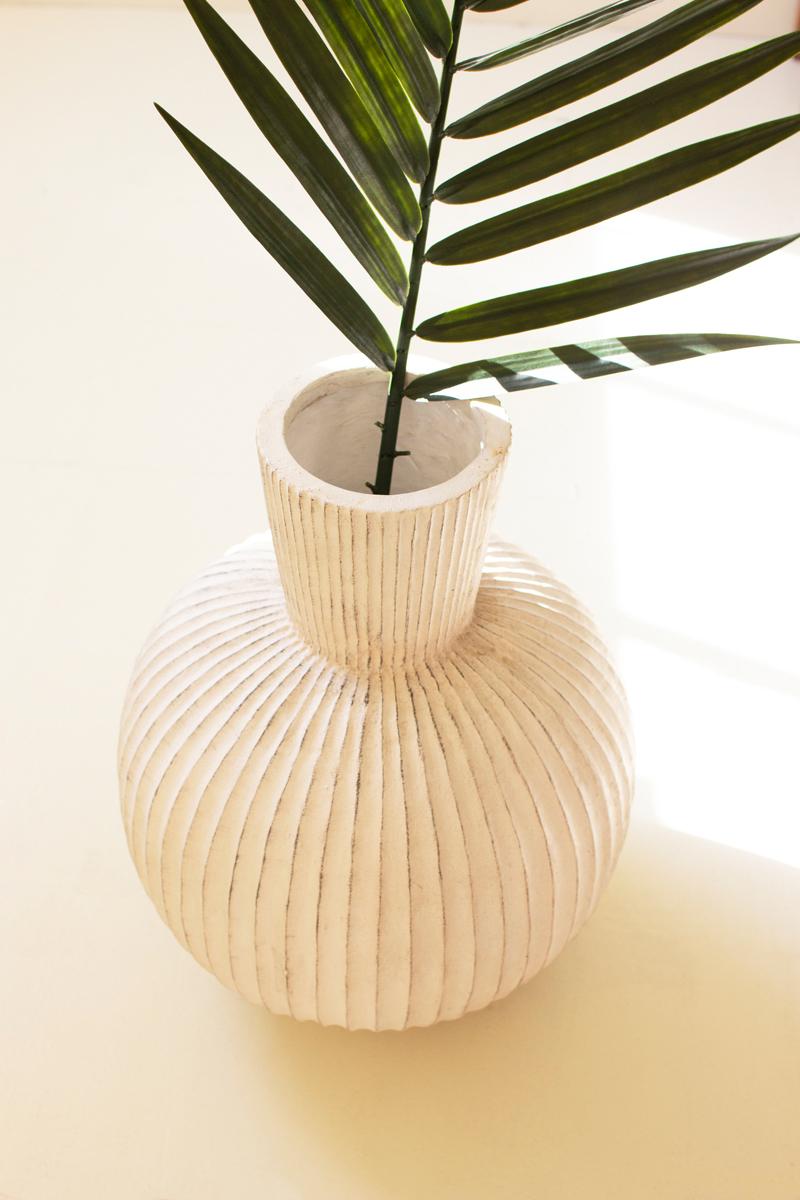 Tall Stone Composite Fluted Bulb Vase, White