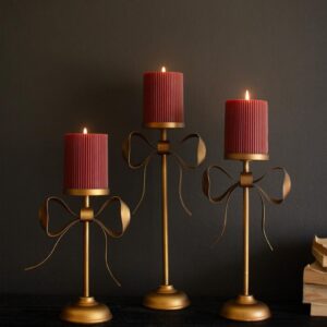 Antique Brass Pillar Candle Stands -Bow Detail, Gold