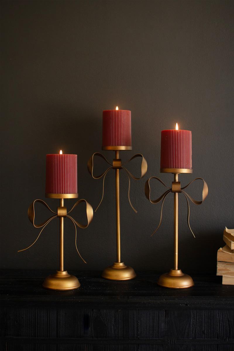 Antique Brass Pillar Candle Stands -Bow Detail, Gold