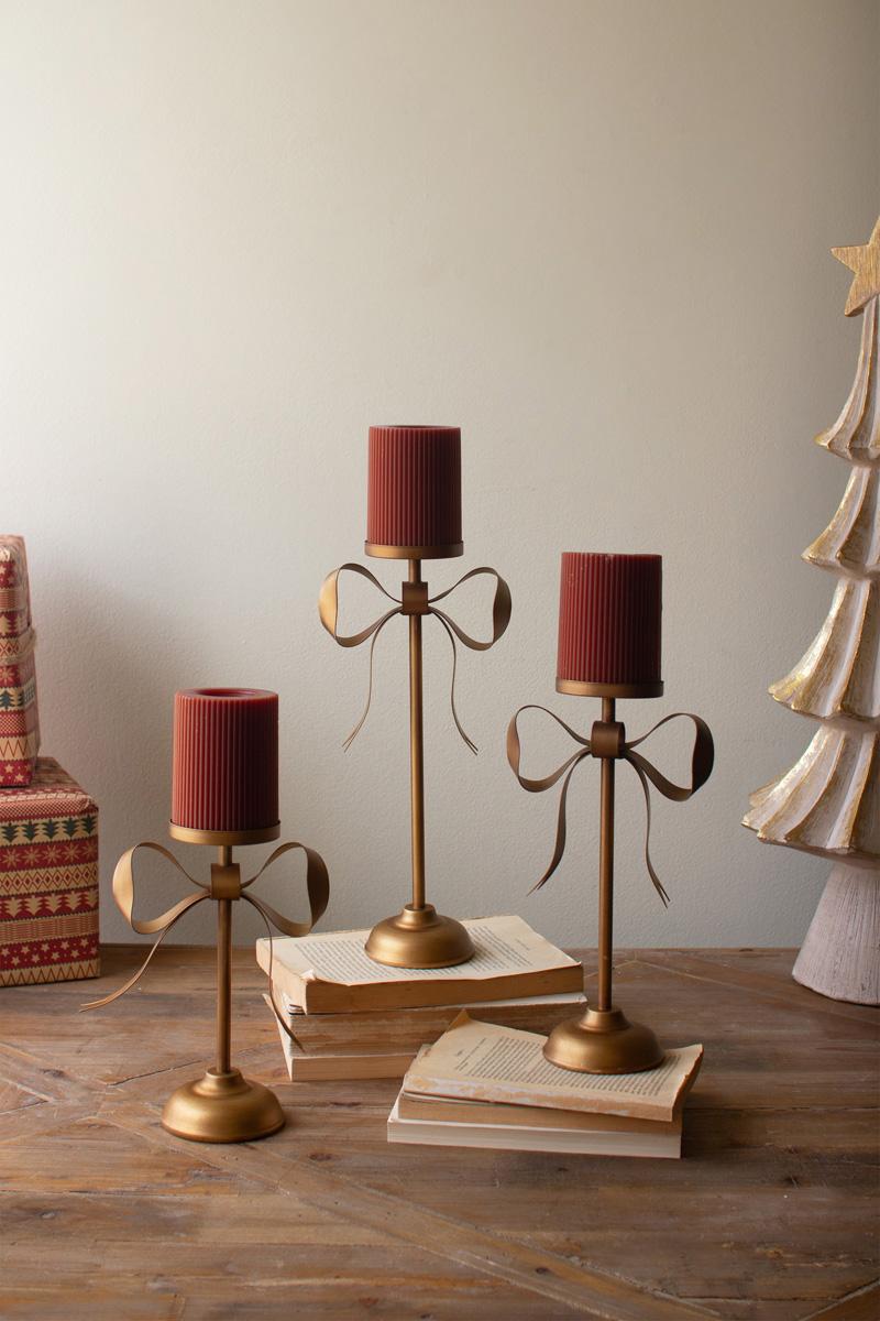 Antique Brass Pillar Candle Stands -Bow Detail, Gold