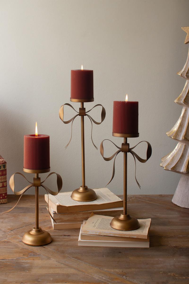 Antique Brass Pillar Candle Stands -Bow Detail, Gold