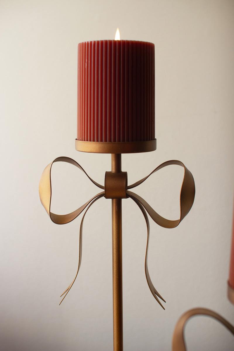 Antique Brass Pillar Candle Stands -Bow Detail, Gold