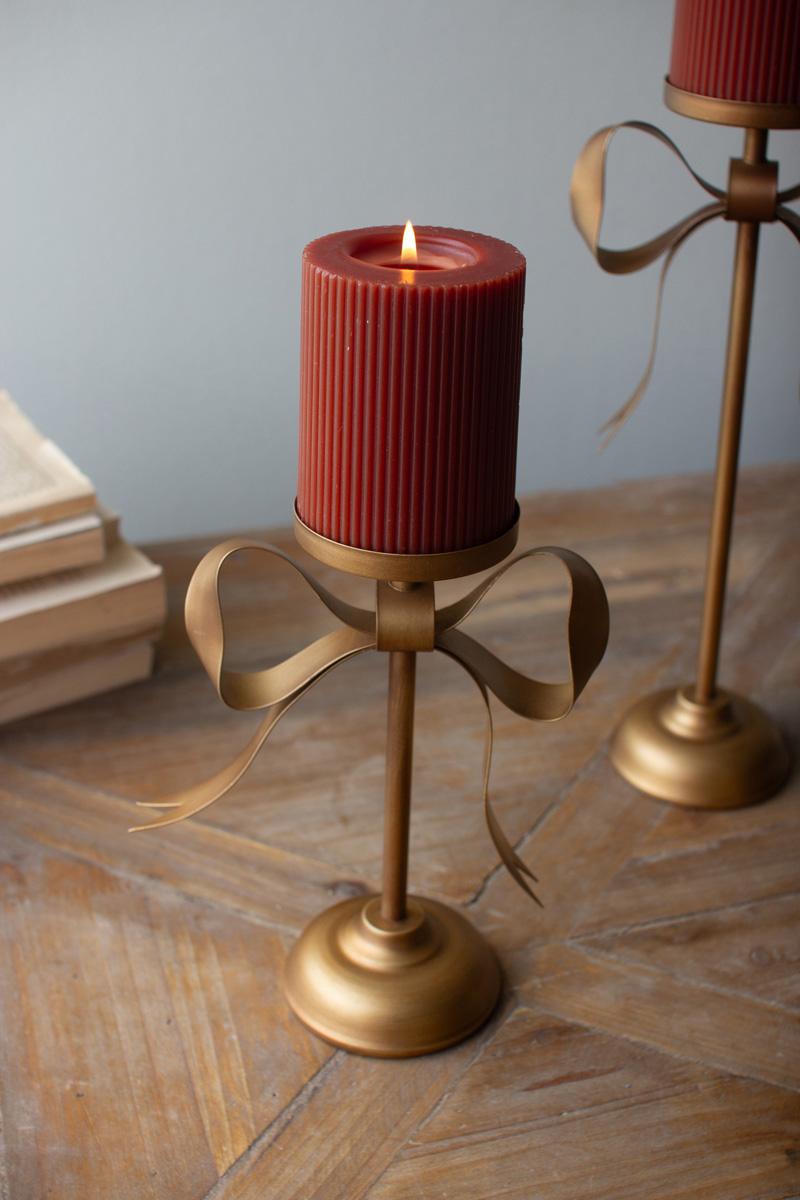 Antique Brass Pillar Candle Stands -Bow Detail, Gold