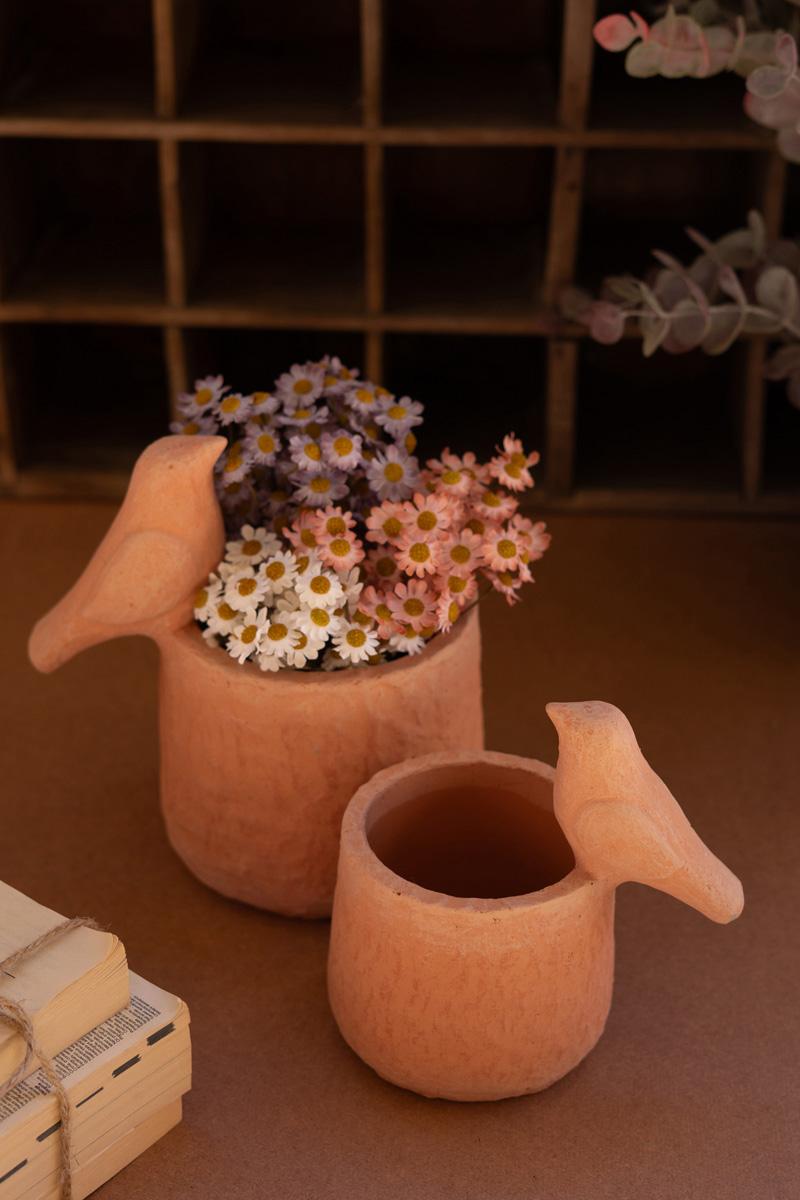 Box of 2 — Set of 2 Concrete Bird Planters with Terracotta Finish