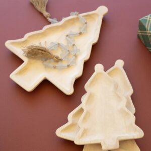 Box of 2 — Set of 3 Carved Wood Christmas Tree Platters