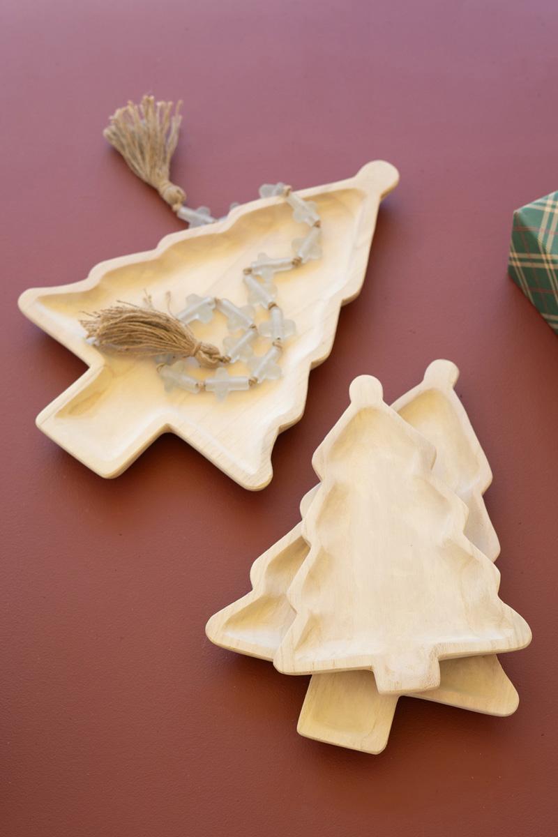 Box of 2 — Set of 3 Carved Wood Christmas Tree Platters