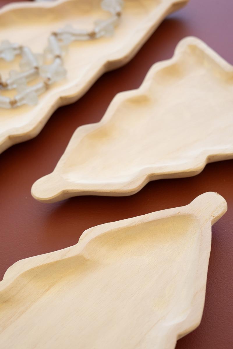 Box of 2 — Set of 3 Carved Wood Christmas Tree Platters