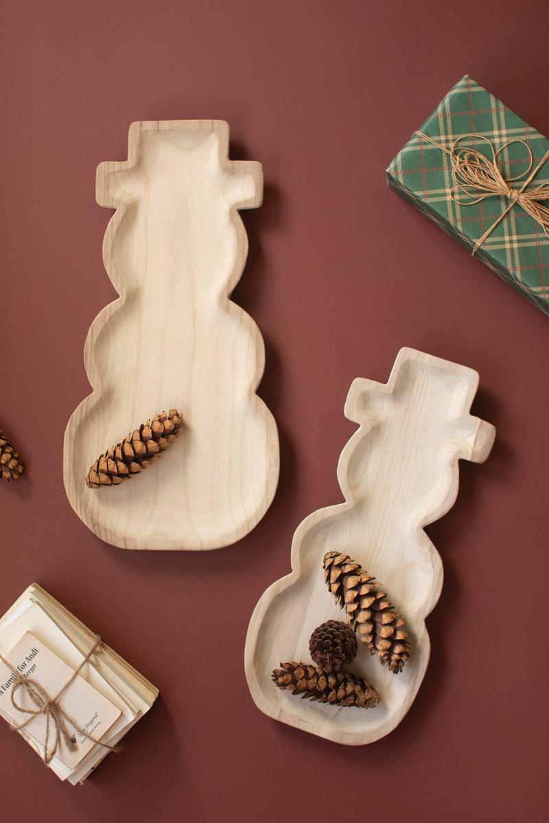 Box of 2 — Set of 2 Carved Wood Snowmen Trays