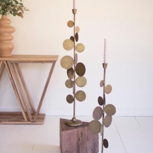 Antique Brass Candle Holders With Round Discs Detail, Gold