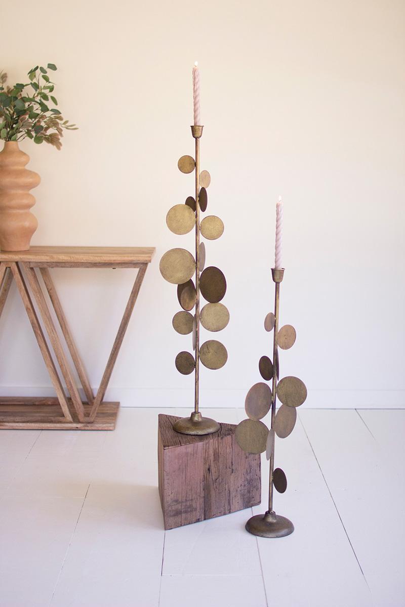 Antique Brass Candle Holders With Round Discs Detail, Gold