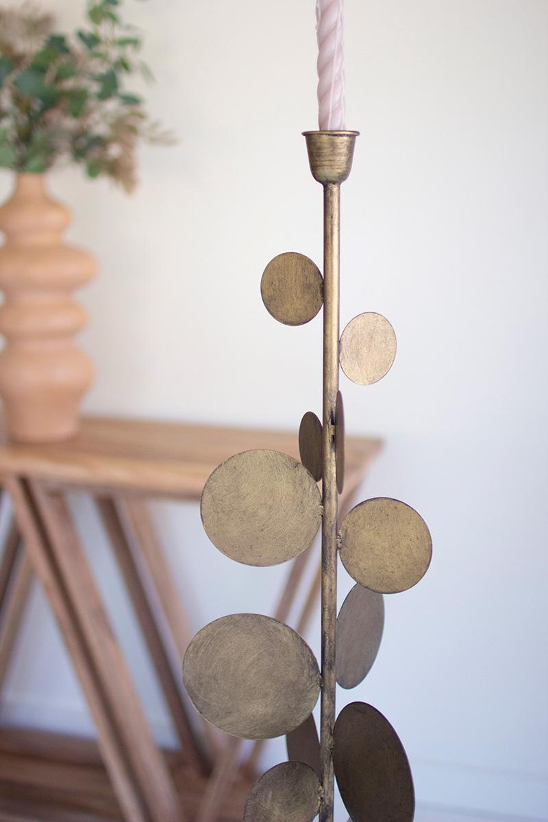 Antique Brass Candle Holders With Round Discs Detail, Gold