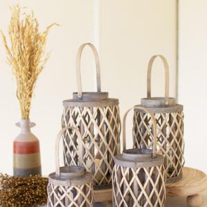 Box of 2 — Set of 4 Grey Willow Cylinder Lanterns with Glass Inserts