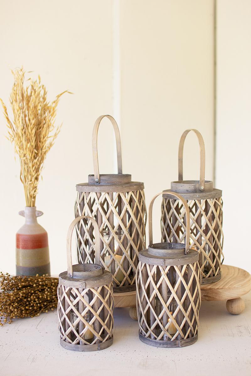 Box of 2 — Set of 4 Grey Willow Cylinder Lanterns with Glass Inserts