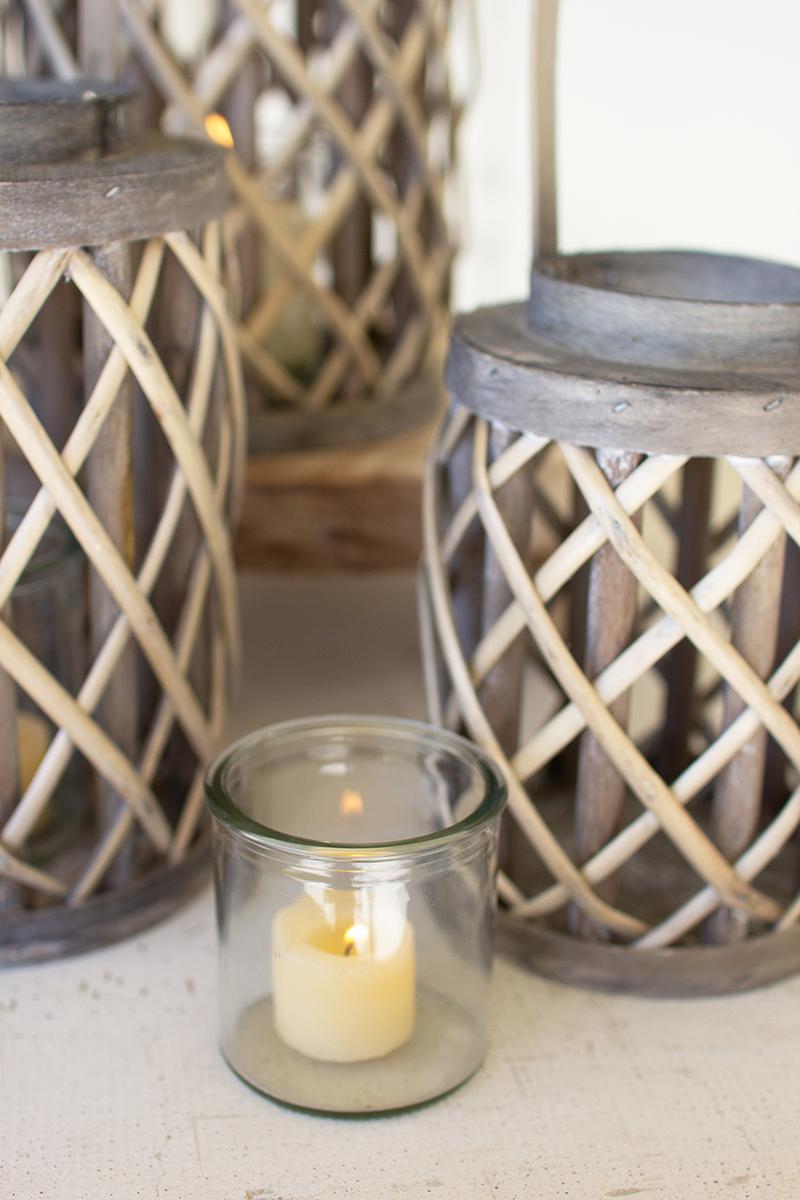 Box of 2 — Set of 4 Grey Willow Cylinder Lanterns with Glass Inserts
