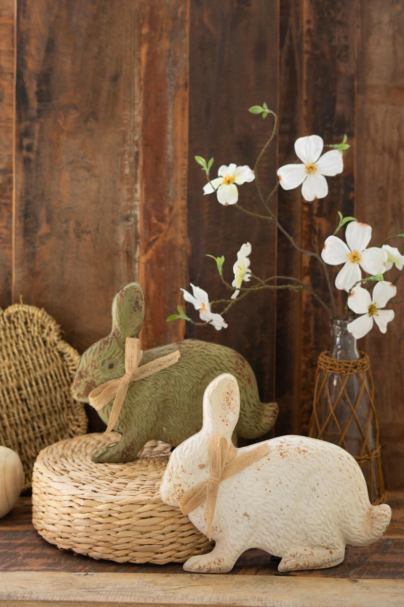 Box of 2 — Set of 2 Painted Antique Green and White Metal Rabbits